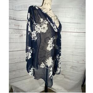 Lane Bryant Sheer Blouse Womens 18/20 Blue Floral Long Sleeve V Neck